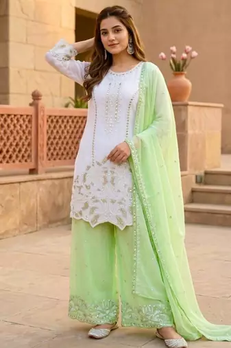 White faux georgette embroidered palazzo set