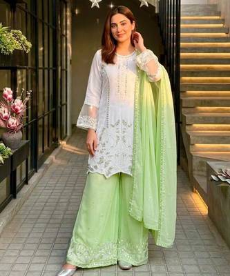 White faux georgette embroidered palazzo set 4