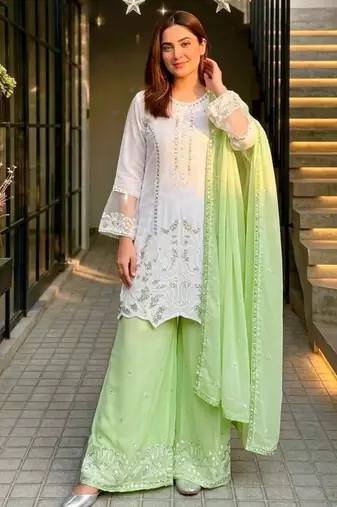 White faux georgette embroidered palazzo set