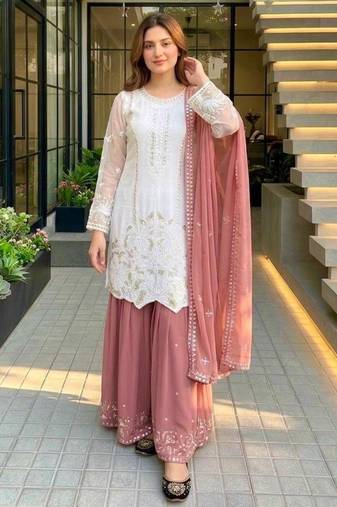 White faux georgette embroidered palazzo set