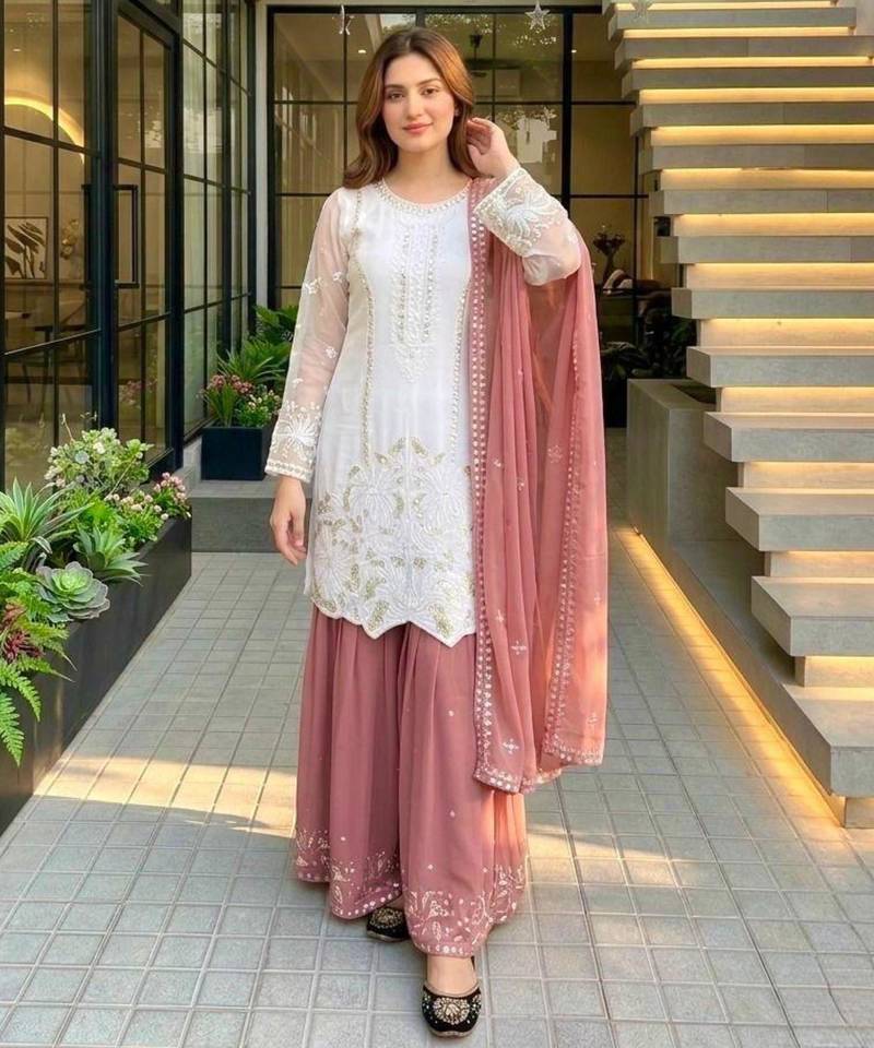 White faux georgette embroidered palazzo set