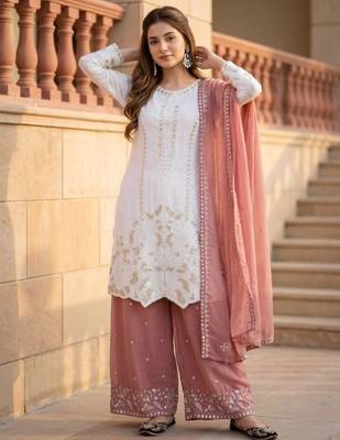 White faux georgette embroidered palazzo set 2