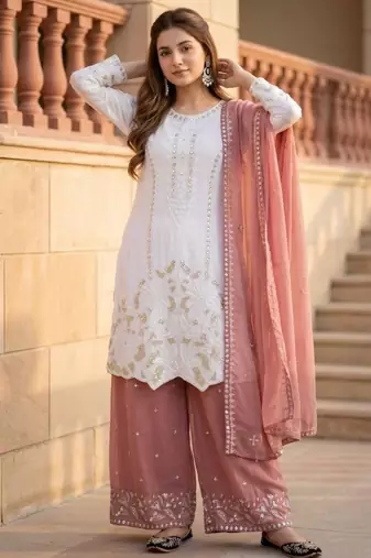 White faux georgette embroidered palazzo set