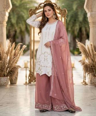 White faux georgette embroidered palazzo set 4