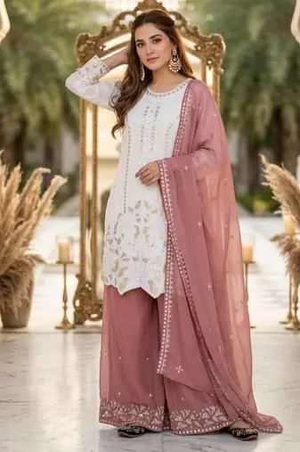 White faux georgette embroidered palazzo set