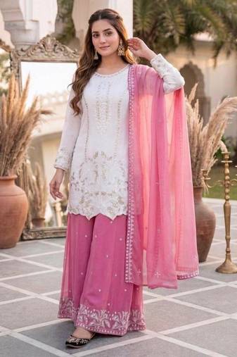 White faux georgette embroidered palazzo set