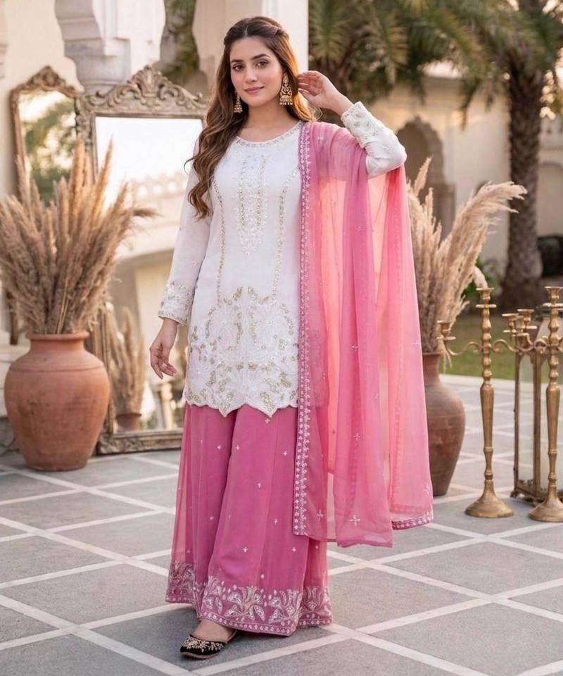 White faux georgette embroidered palazzo set