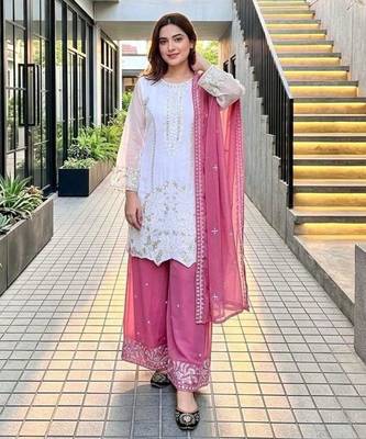 White faux georgette embroidered palazzo set 2