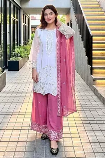 White faux georgette embroidered palazzo set