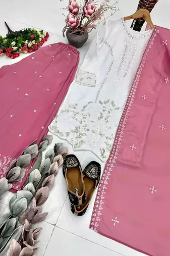 White faux georgette embroidered palazzo set