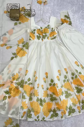 White organza printed anarkali set