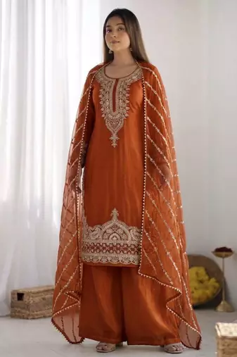 Dark orange silk blend embroidered palazzo set