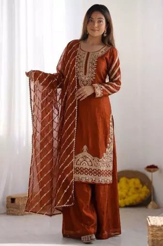 Dark orange silk blend embroidered palazzo set