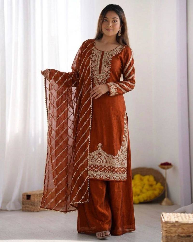 Dark orange silk blend embroidered palazzo set