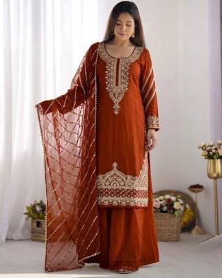 Dark orange silk blend embroidered palazzo set 4