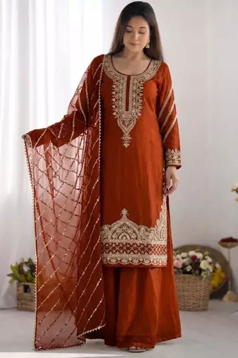 Dark orange silk blend embroidered palazzo set