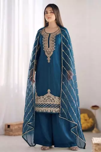 Teal silk blend embroidered palazzo set