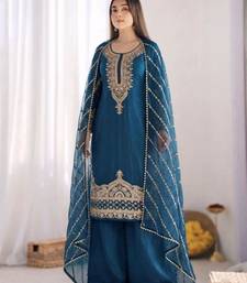 Teal silk blend embroidered palazzo set