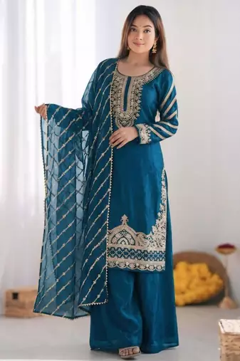 Teal silk blend embroidered palazzo set