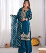 Teal silk blend embroidered palazzo set