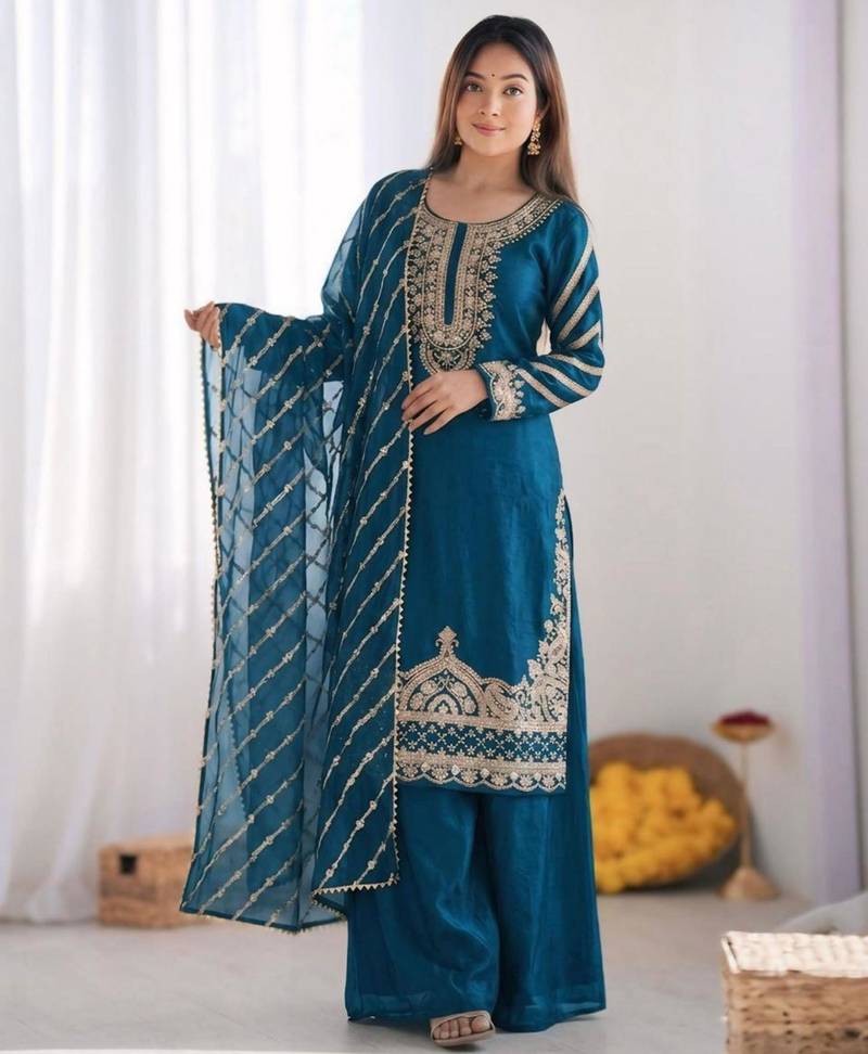 Teal silk blend embroidered palazzo set