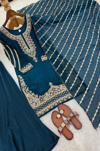 Teal silk blend embroidered palazzo set