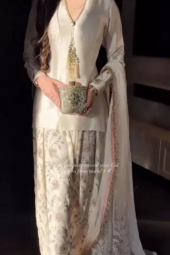 Cream satin embroidered palazzo set