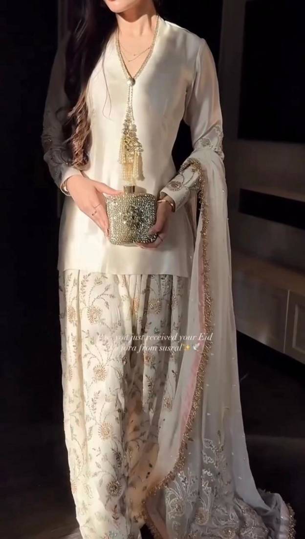 Cream satin embroidered palazzo set
