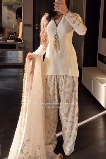 Cream satin embroidered palazzo set