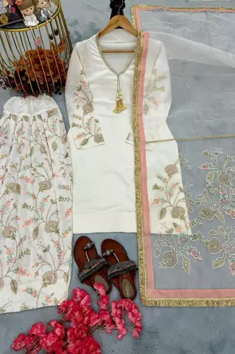 Cream satin embroidered palazzo set
