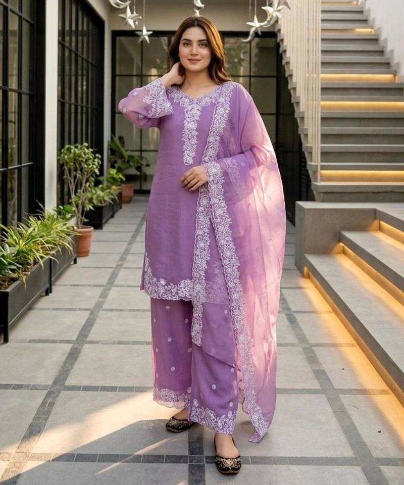 Lavender chanderi embroidered palazzo set