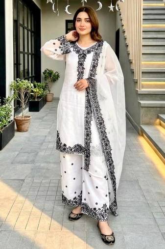 White chanderi embroidered palazzo set