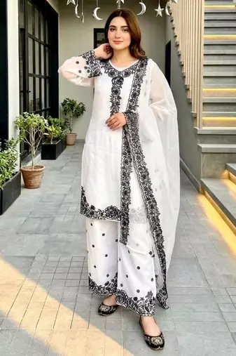 White chanderi embroidered palazzo set