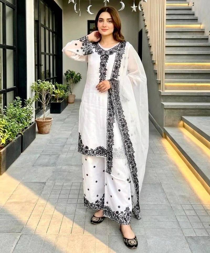 White chanderi embroidered palazzo set