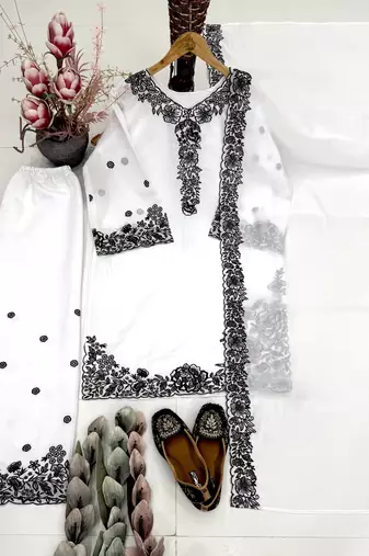 White chanderi embroidered palazzo set