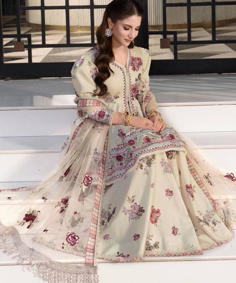 Beige crepe embroidered sharara set