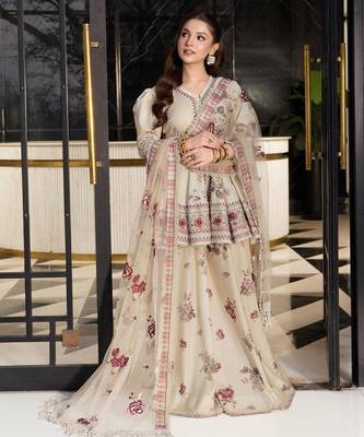 Beige crepe embroidered sharara set 2