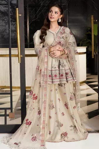 Beige crepe embroidered sharara set