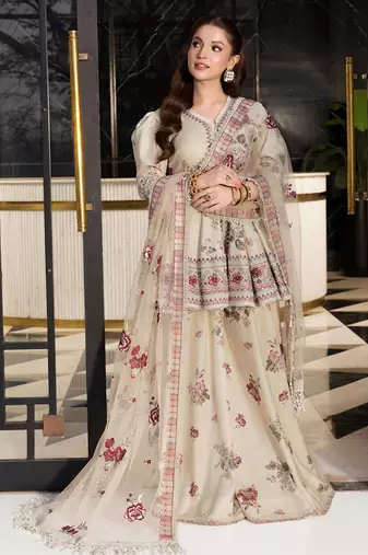 Beige crepe embroidered sharara set