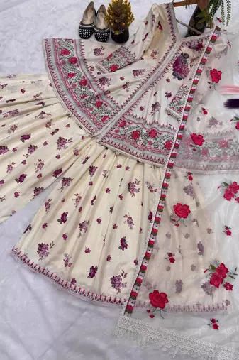 Beige crepe embroidered sharara set