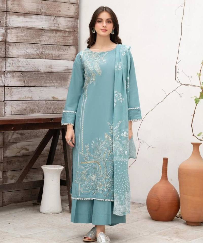 Sky blue silk blend embroidered kurta set