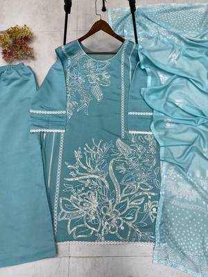 Sky blue silk blend embroidered kurta set 4