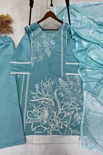 Sky blue silk blend embroidered kurta set