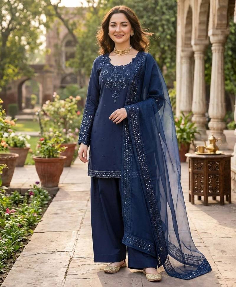 Blue crepe embroidered farshi salwar set