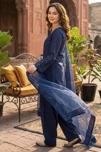 Blue crepe embroidered farshi salwar set