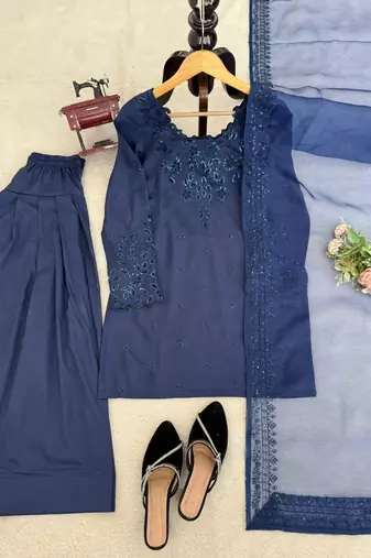 Blue crepe embroidered farshi salwar set