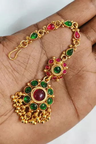 Gold plated maang tikka for women, antique finish south indian temple jewellery 