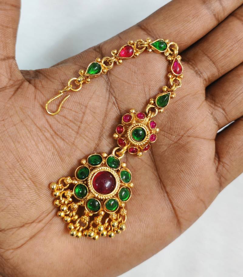 Gold plated maang tikka for women, antique finish south indian temple jewellery 