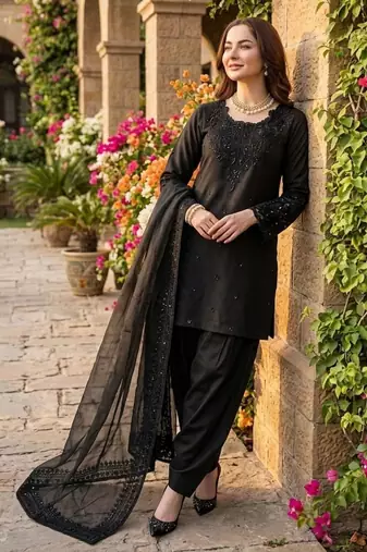 Black crepe embroidered Farshi salwar set
