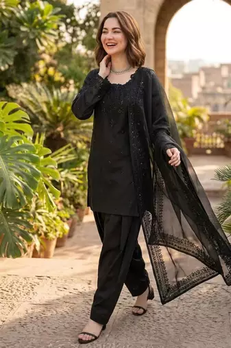 Black crepe embroidered Farshi salwar set
